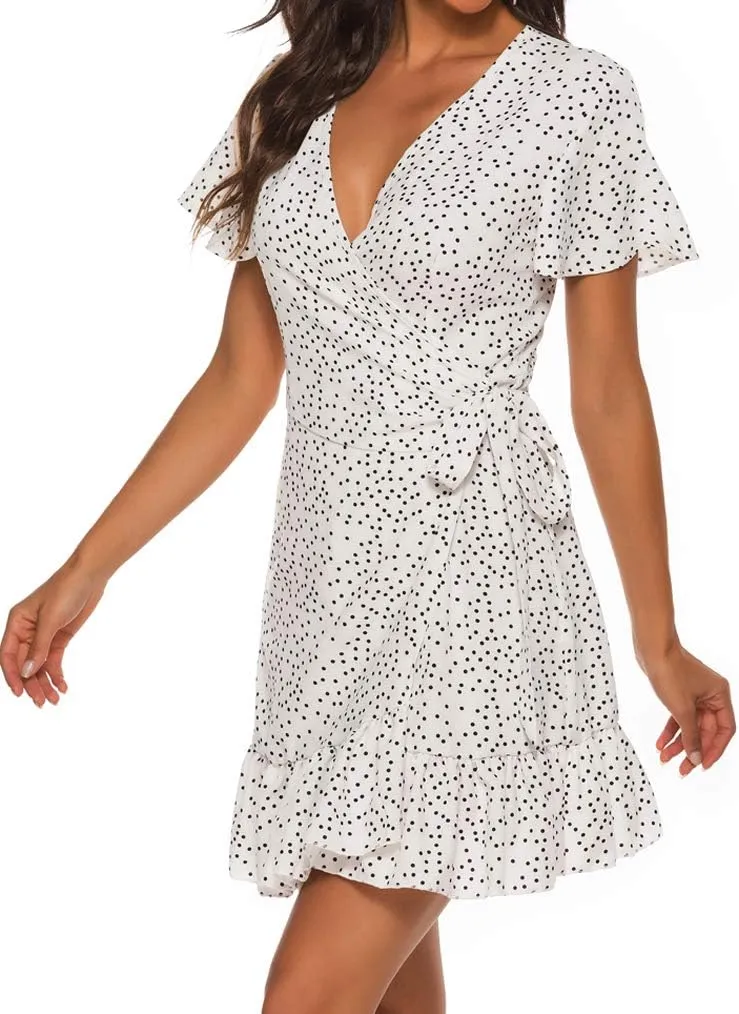 Naggoo Women's Summer Wrap V Neck Polka Dot Print Ruffle Short Sleeve Mini Floral Dress with Belt