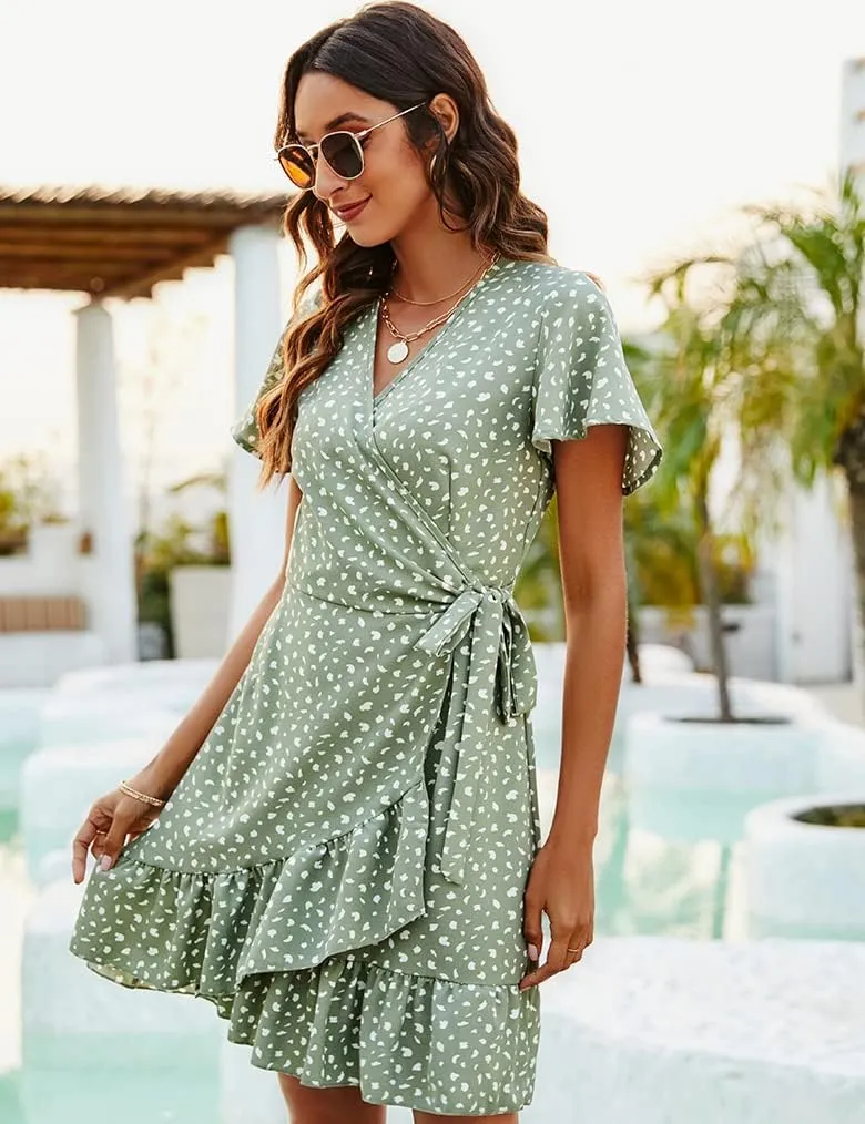 Naggoo Women's Summer Wrap V Neck Polka Dot Print Ruffle Short Sleeve Mini Floral Dress with Belt