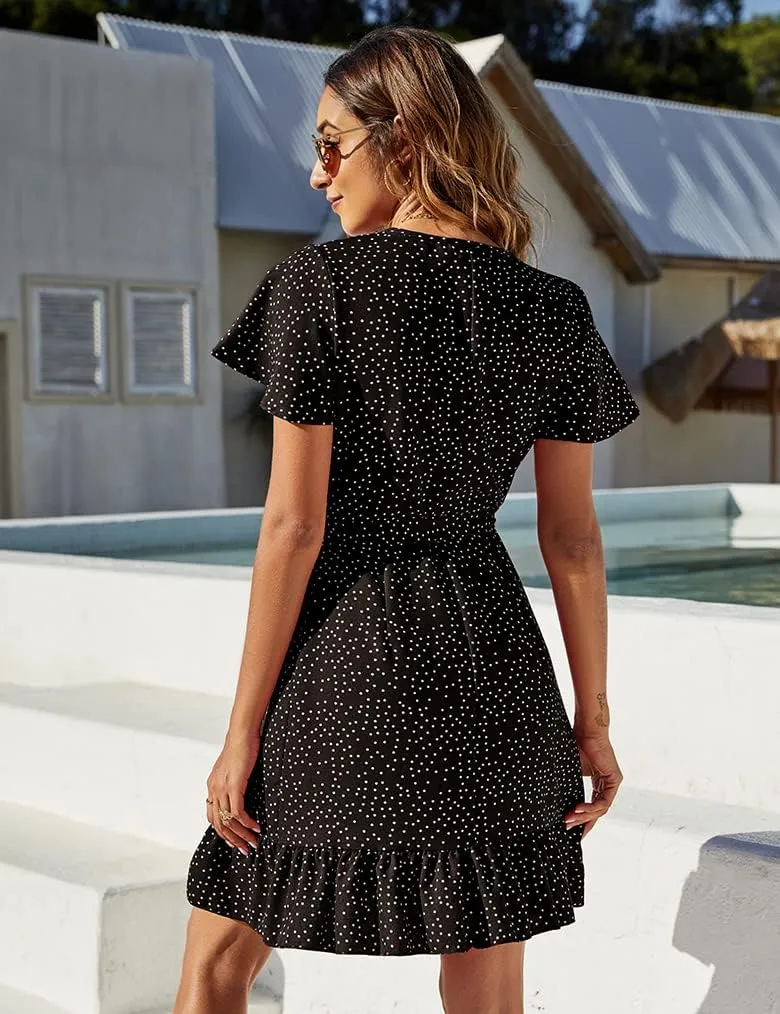 Naggoo Women's Summer Wrap V Neck Polka Dot Print Ruffle Short Sleeve Mini Floral Dress with Belt