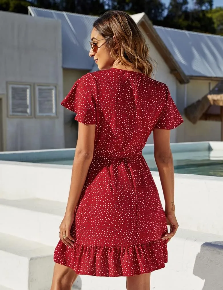 Naggoo Women's Summer Wrap V Neck Polka Dot Print Ruffle Short Sleeve Mini Floral Dress with Belt