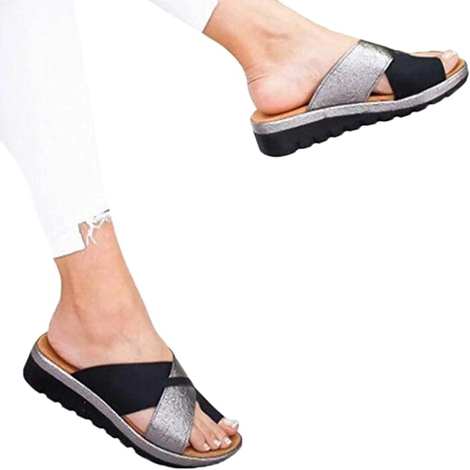 Non-Slip Wedge Sandals for Women Summer Casual Colorblock Cross Strap Slip-on Slippers Comfortable Open Toe Outdoor Home Beach Shoes Flip Flops