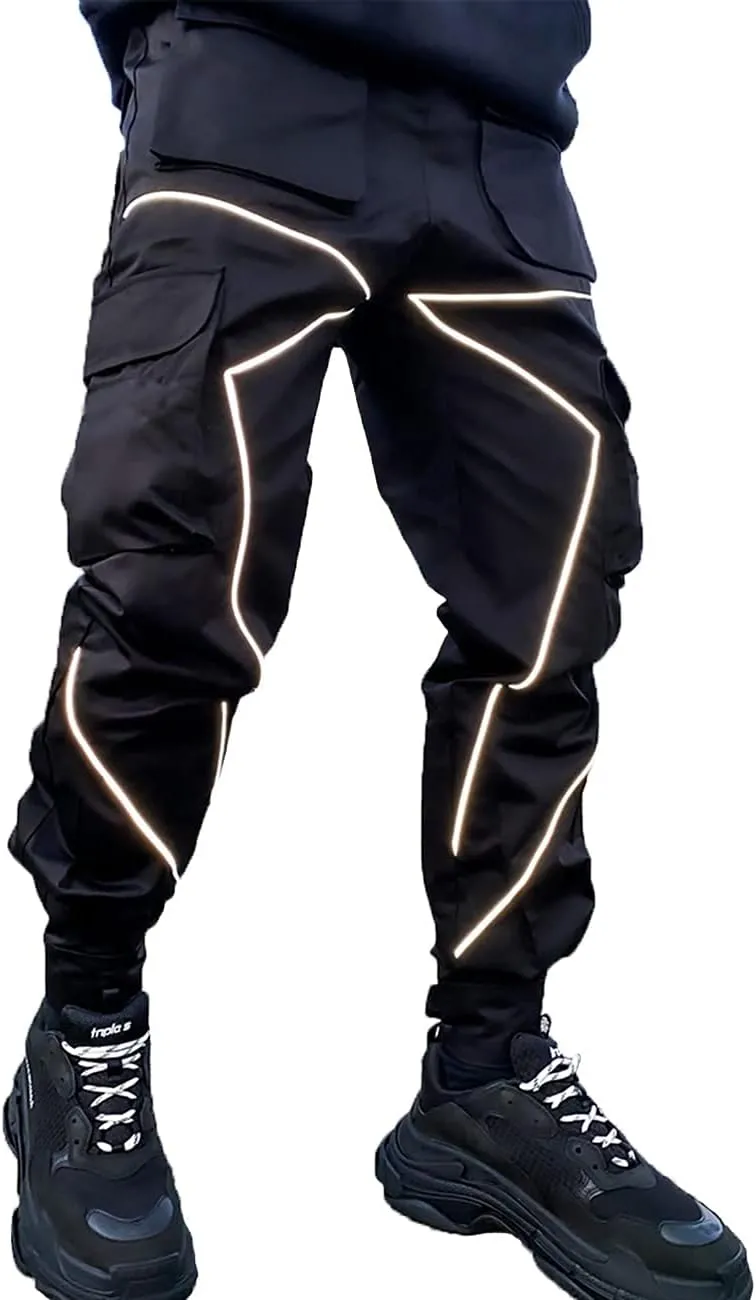 Nutriangee Men's Punk Rock Street Harem Pants, Reflective Technical Hip Hop Jogger Sport Pants