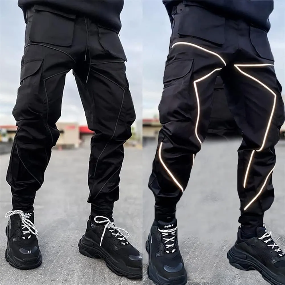 Nutriangee Men's Punk Rock Street Harem Pants, Reflective Technical Hip Hop Jogger Sport Pants