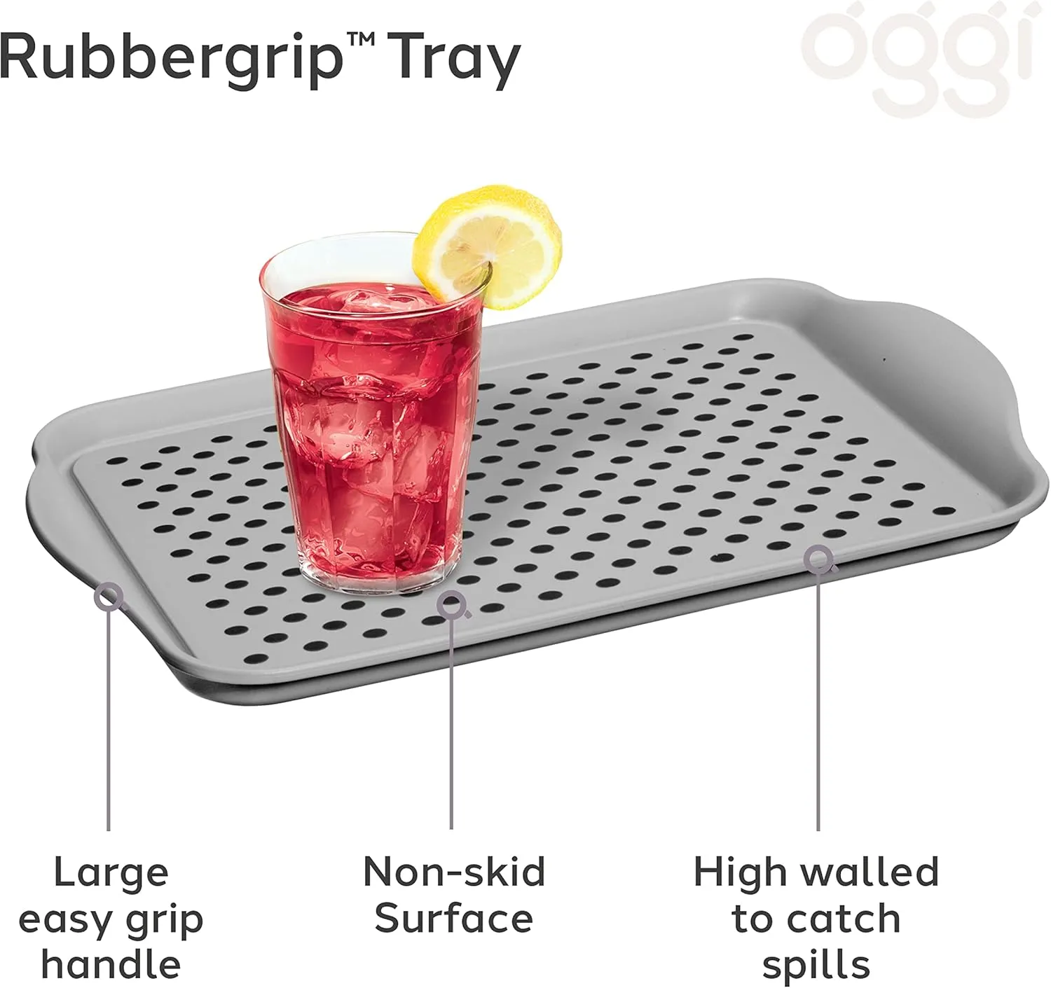 OGGI Anti Slip Serving Tray with Handles- Gray Rectangle Tray - Ideal for Eating, Breakfast, Food, Appetizer Tray, Serving