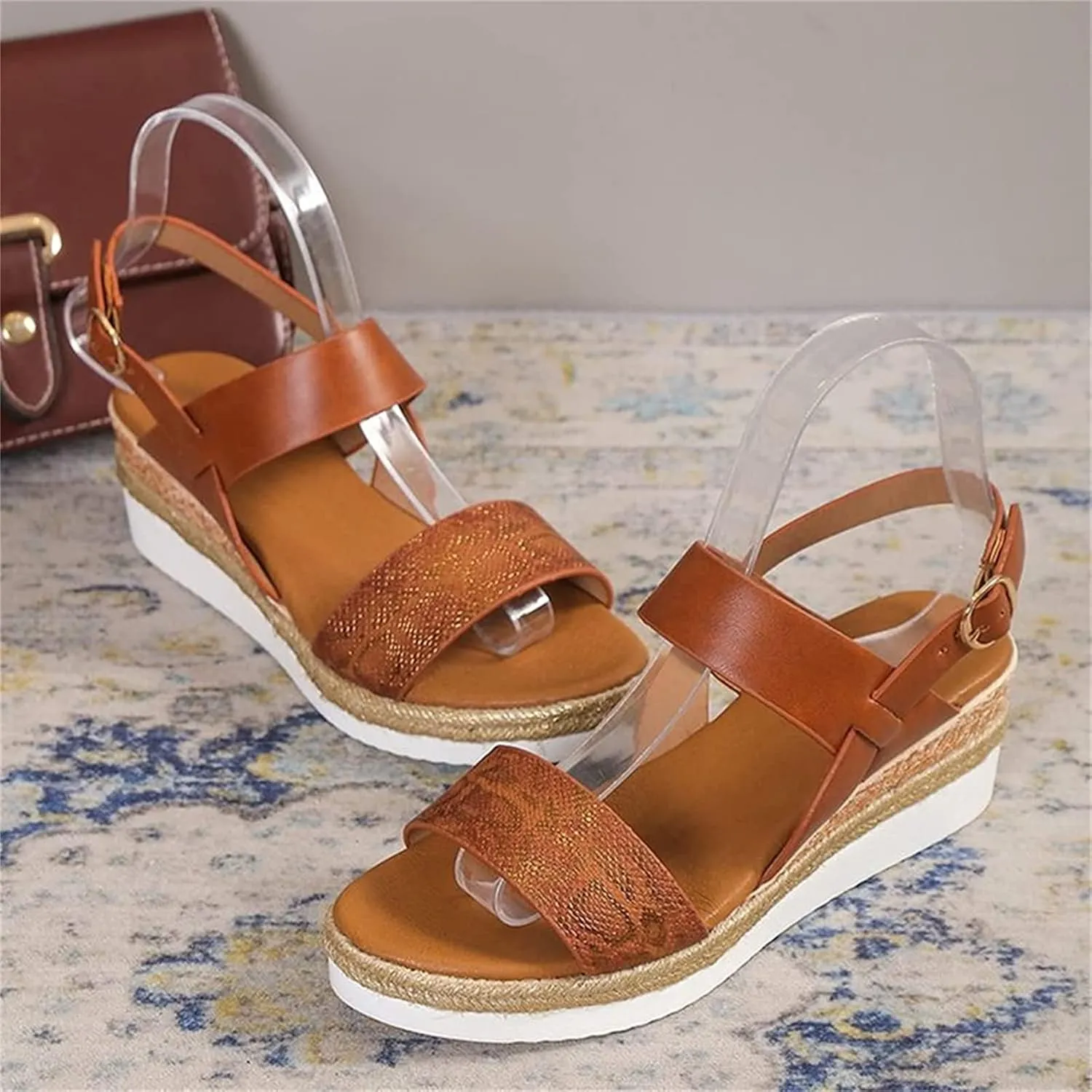 OMIREL Women's Open Toe Ankle Strap Espadrille Casual Platform Wedge Sandals Orthopedic Arch Support Snake Print Slingback Platform Fish Mouth Sandals Beach Shoes,Brown,EU36/US5