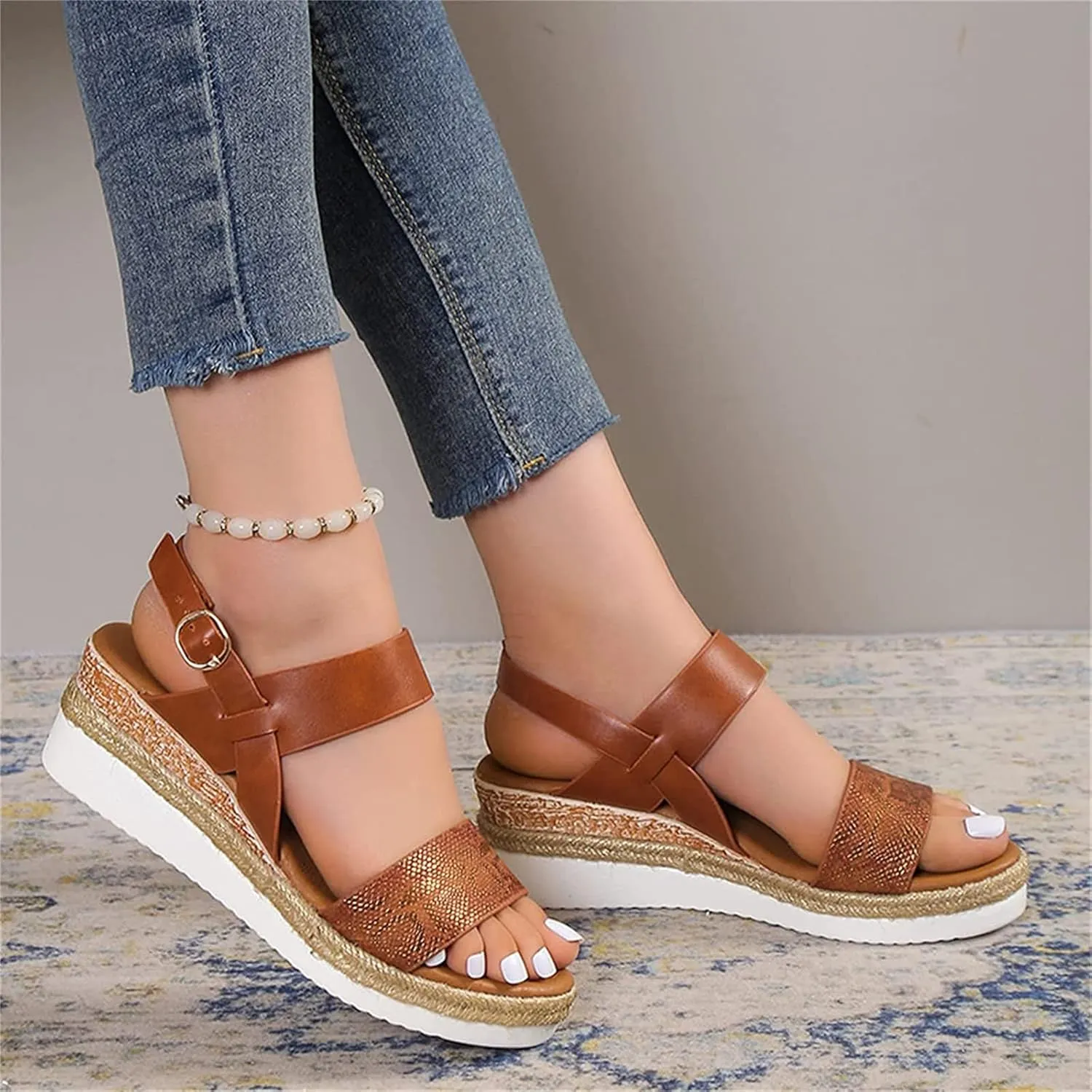 OMIREL Women's Open Toe Ankle Strap Espadrille Casual Platform Wedge Sandals Orthopedic Arch Support Snake Print Slingback Platform Fish Mouth Sandals Beach Shoes,Brown,EU36/US5