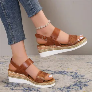 OMIREL Women's Open Toe Ankle Strap Espadrille Casual Platform Wedge Sandals Orthopedic Arch Support Snake Print Slingback Platform Fish Mouth Sandals Beach Shoes,Brown,EU36/US5
