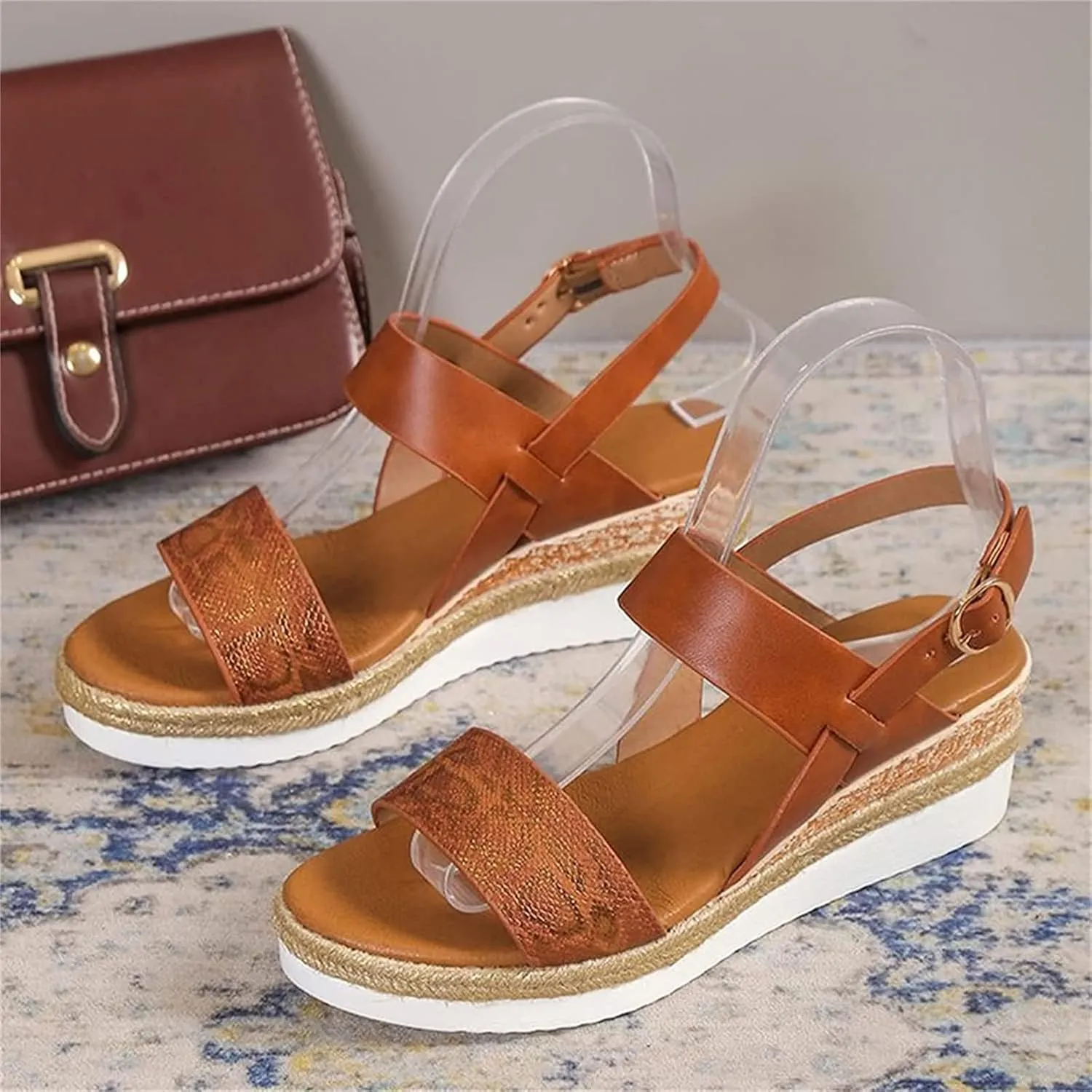 OMIREL Women's Open Toe Ankle Strap Espadrille Casual Platform Wedge Sandals Orthopedic Arch Support Snake Print Slingback Platform Fish Mouth Sandals Beach Shoes,Brown,EU36/US5