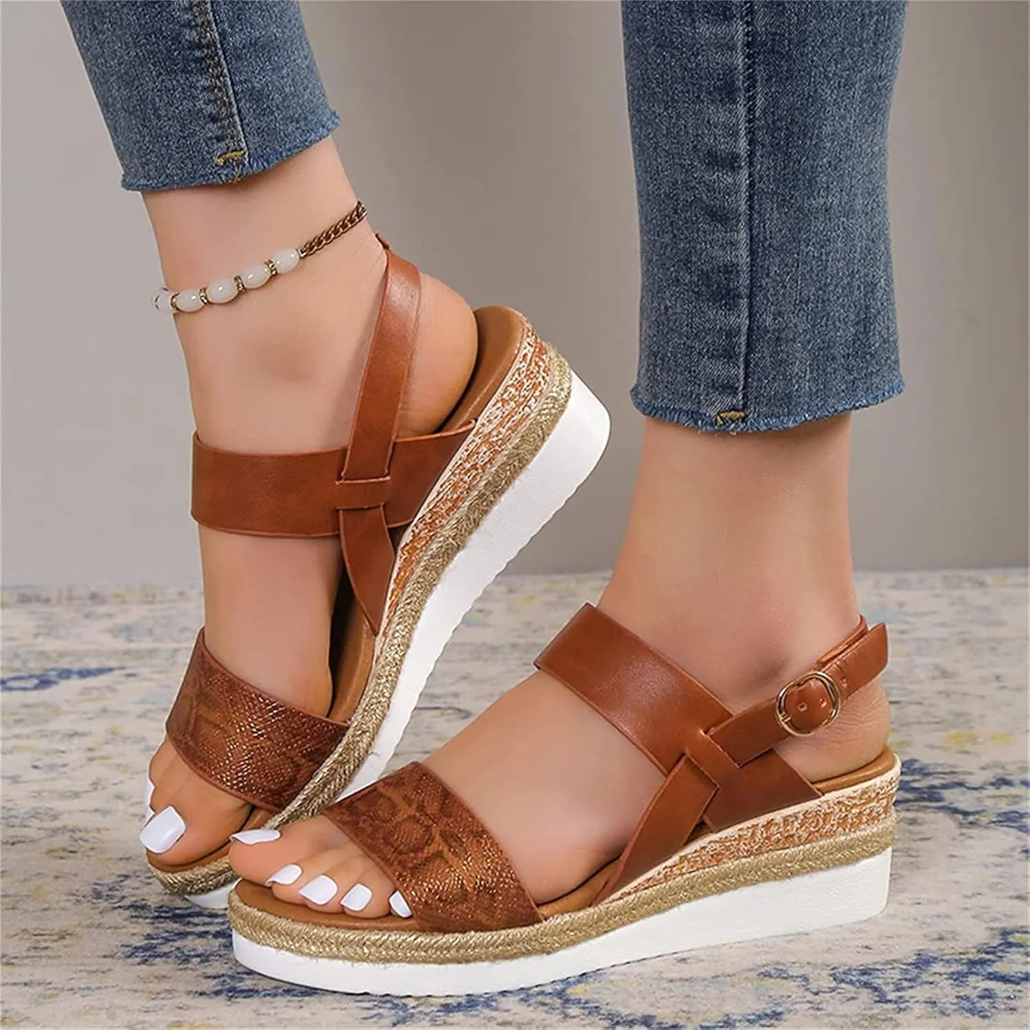 OMIREL Women's Open Toe Ankle Strap Espadrille Casual Platform Wedge Sandals Orthopedic Arch Support Snake Print Slingback Platform Fish Mouth Sandals Beach Shoes,Brown,EU36/US5
