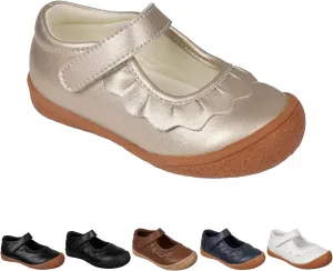 Oomphies Amina Leather Mary Jane Shoes for Girls – Ruffled Dress Shoes with Hook & Loop Closure, Soft Cushion Footbed