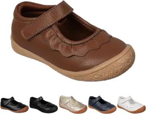 Oomphies Amina Leather Mary Jane Shoes for Girls – Ruffled Dress Shoes with Hook & Loop Closure, Soft Cushion Footbed