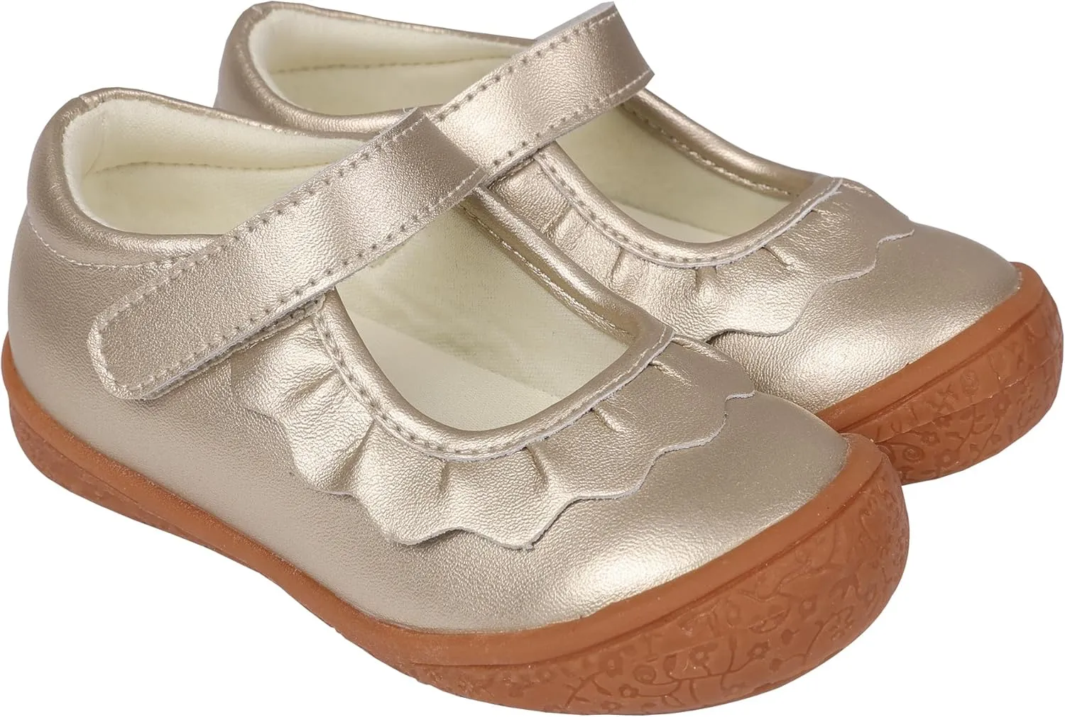 Oomphies Amina Leather Mary Jane Shoes for Girls – Ruffled Dress Shoes with Hook & Loop Closure, Soft Cushion Footbed