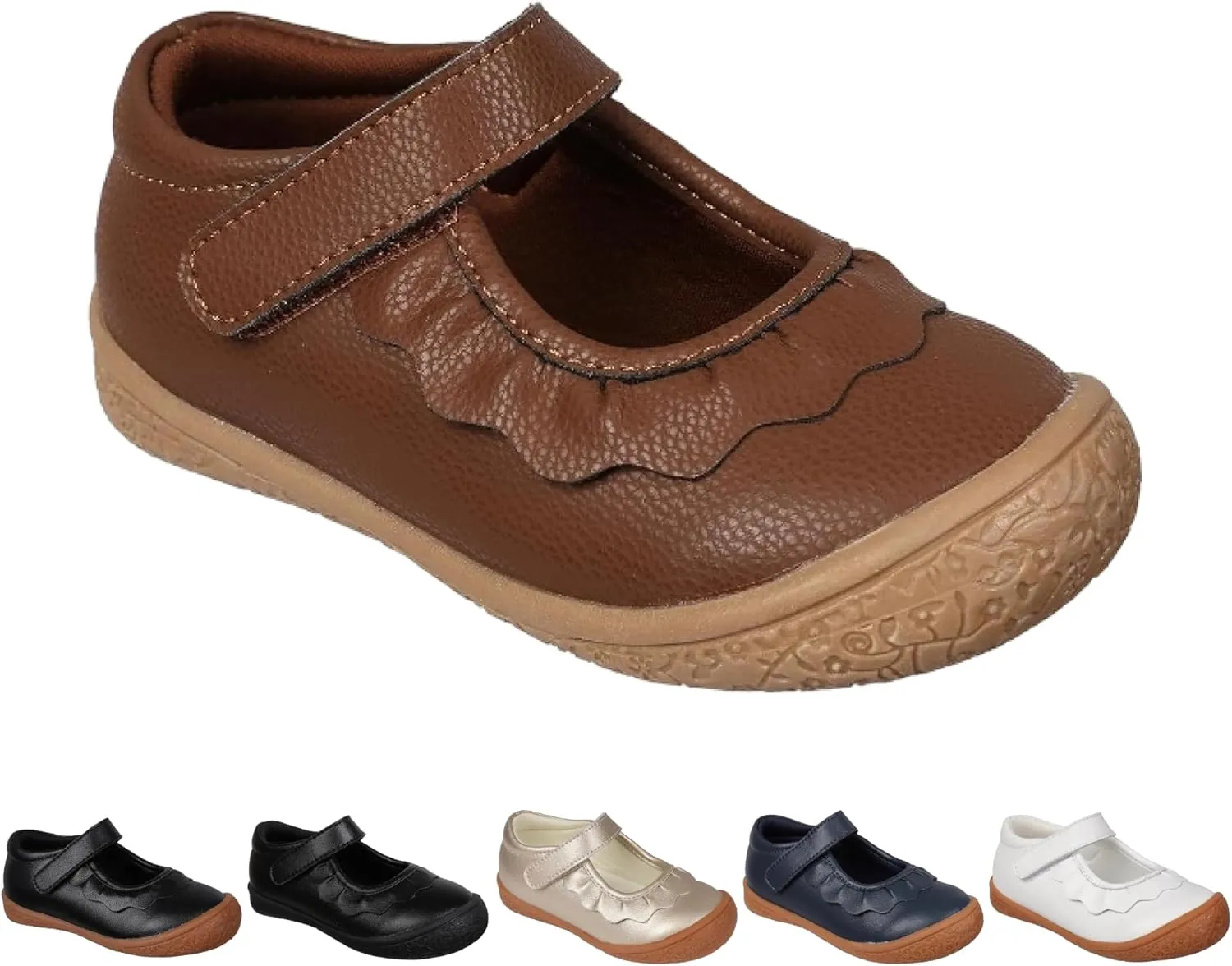 Oomphies Amina Leather Mary Jane Shoes for Girls – Ruffled Dress Shoes with Hook & Loop Closure, Soft Cushion Footbed