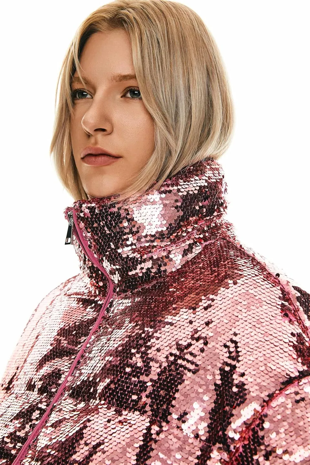 Orolay Women's Shiny Sequin Down Coat Stylish Glitter Jacket for Women Long Sleeve Trendy Outerwear with Stand Collar