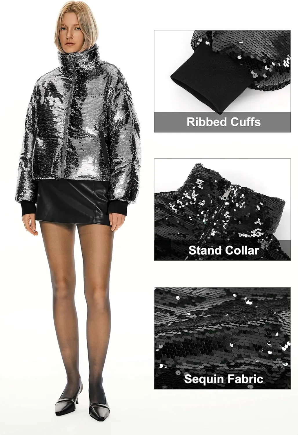 Orolay Women's Shiny Sequin Down Coat Stylish Glitter Jacket for Women Long Sleeve Trendy Outerwear with Stand Collar