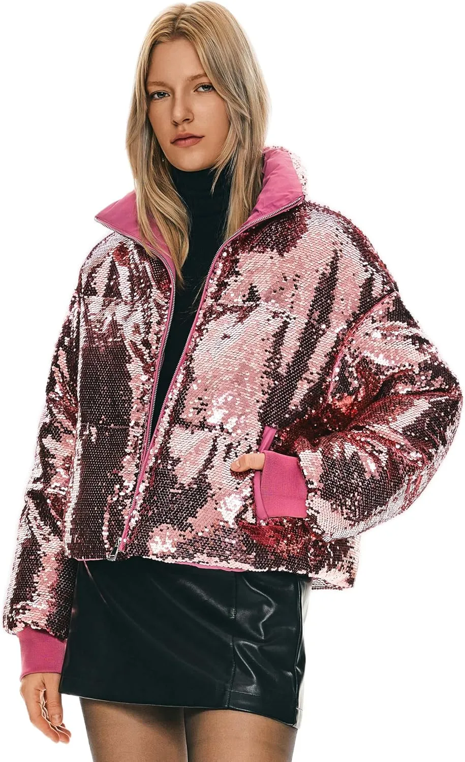 Orolay Women's Shiny Sequin Down Coat Stylish Glitter Jacket for Women Long Sleeve Trendy Outerwear with Stand Collar