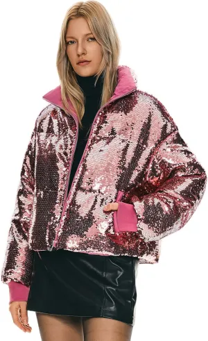Orolay Women's Shiny Sequin Down Coat Stylish Glitter Jacket for Women Long Sleeve Trendy Outerwear with Stand Collar