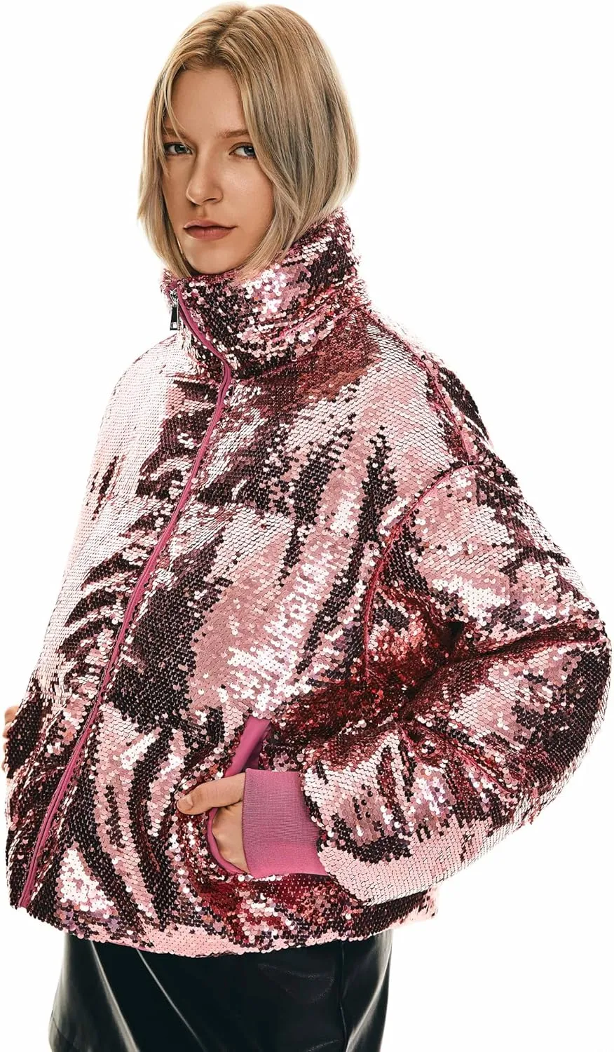 Orolay Women's Shiny Sequin Down Coat Stylish Glitter Jacket for Women Long Sleeve Trendy Outerwear with Stand Collar
