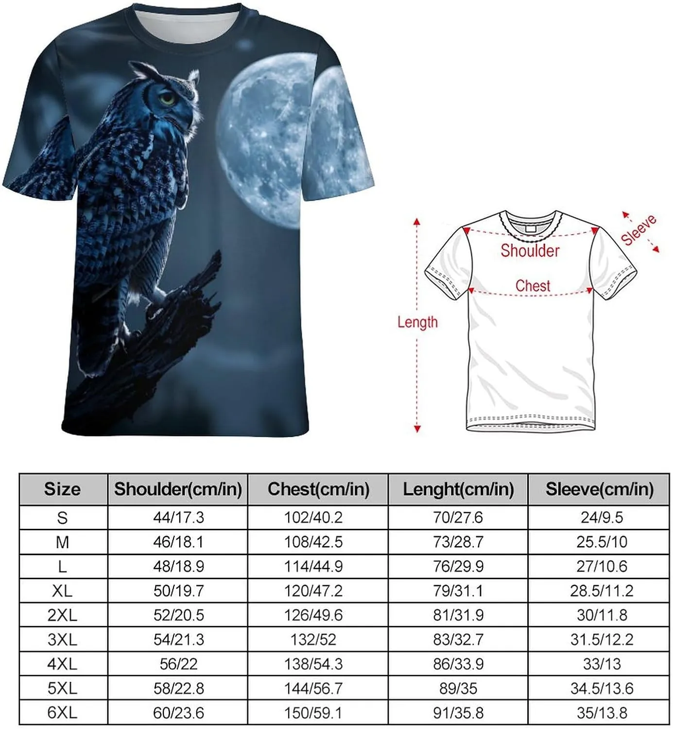 Owl Moon Night Men's T-Shirts Short Sleeve Tee Hawaiian Shirt Summer Tops Casual Workout Shirts