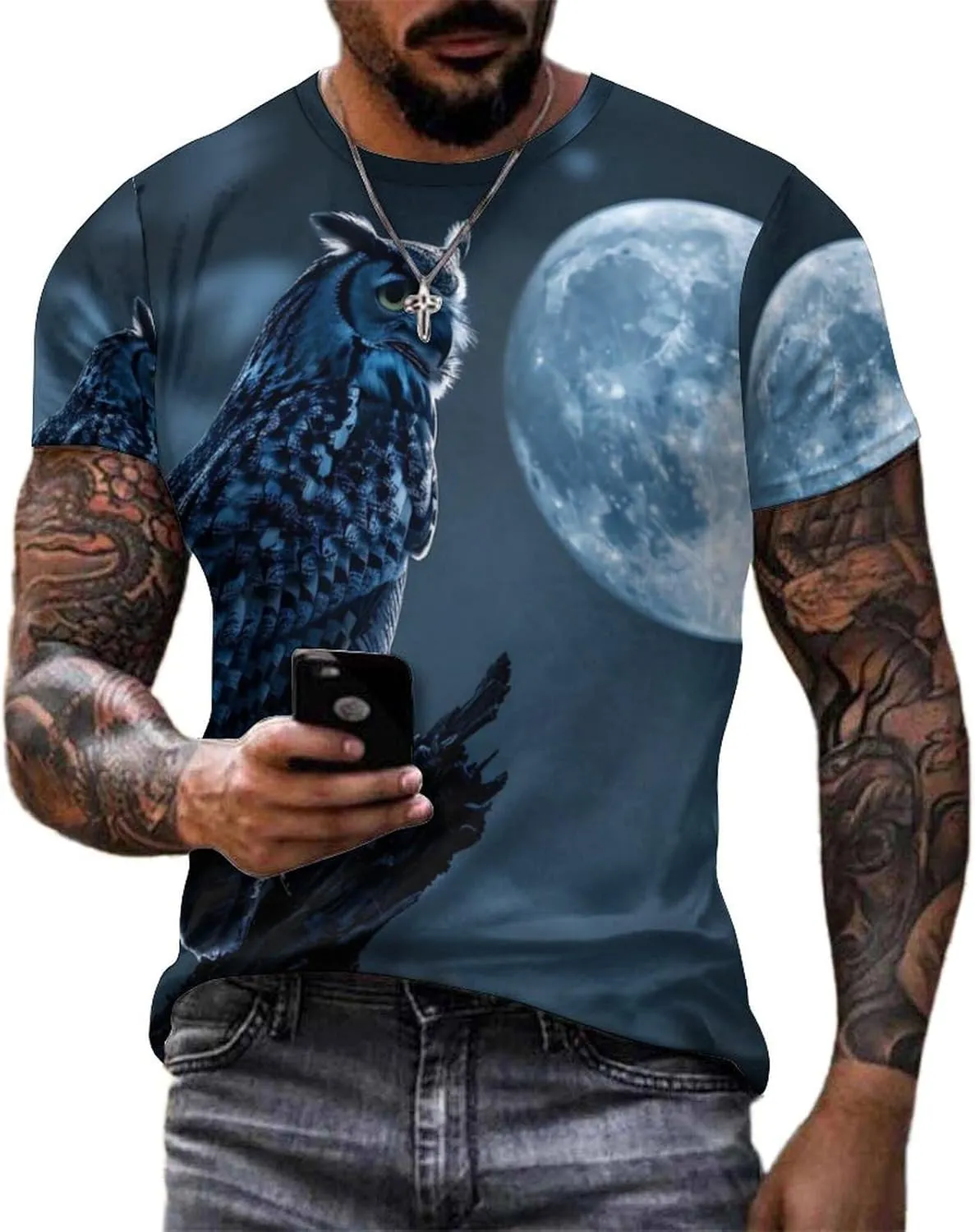 Owl Moon Night Men's T-Shirts Short Sleeve Tee Hawaiian Shirt Summer Tops Casual Workout Shirts