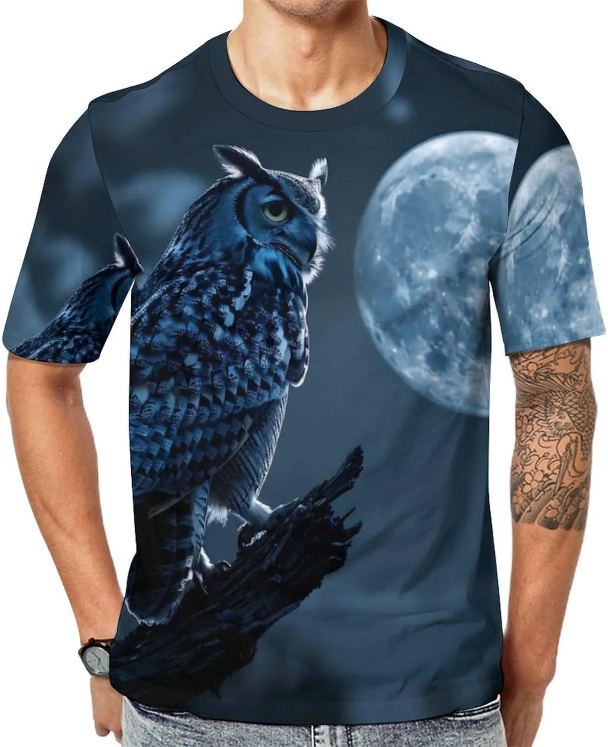 Owl Moon Night Men's T-Shirts Short Sleeve Tee Hawaiian Shirt Summer Tops Casual Workout Shirts