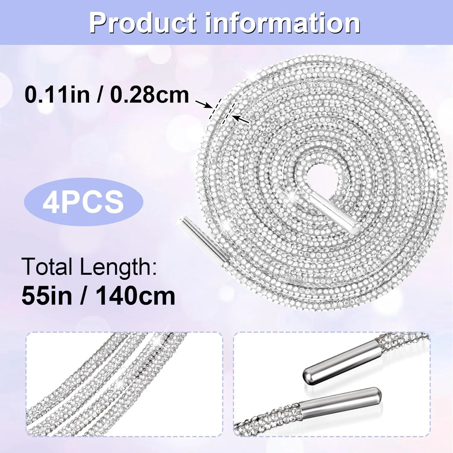 PAGOW Rhinestone Glitter Ropes, Crystal Bling Bling Shiny Round Shoe Laces for Sneakers, Drawstring Cords Replacement