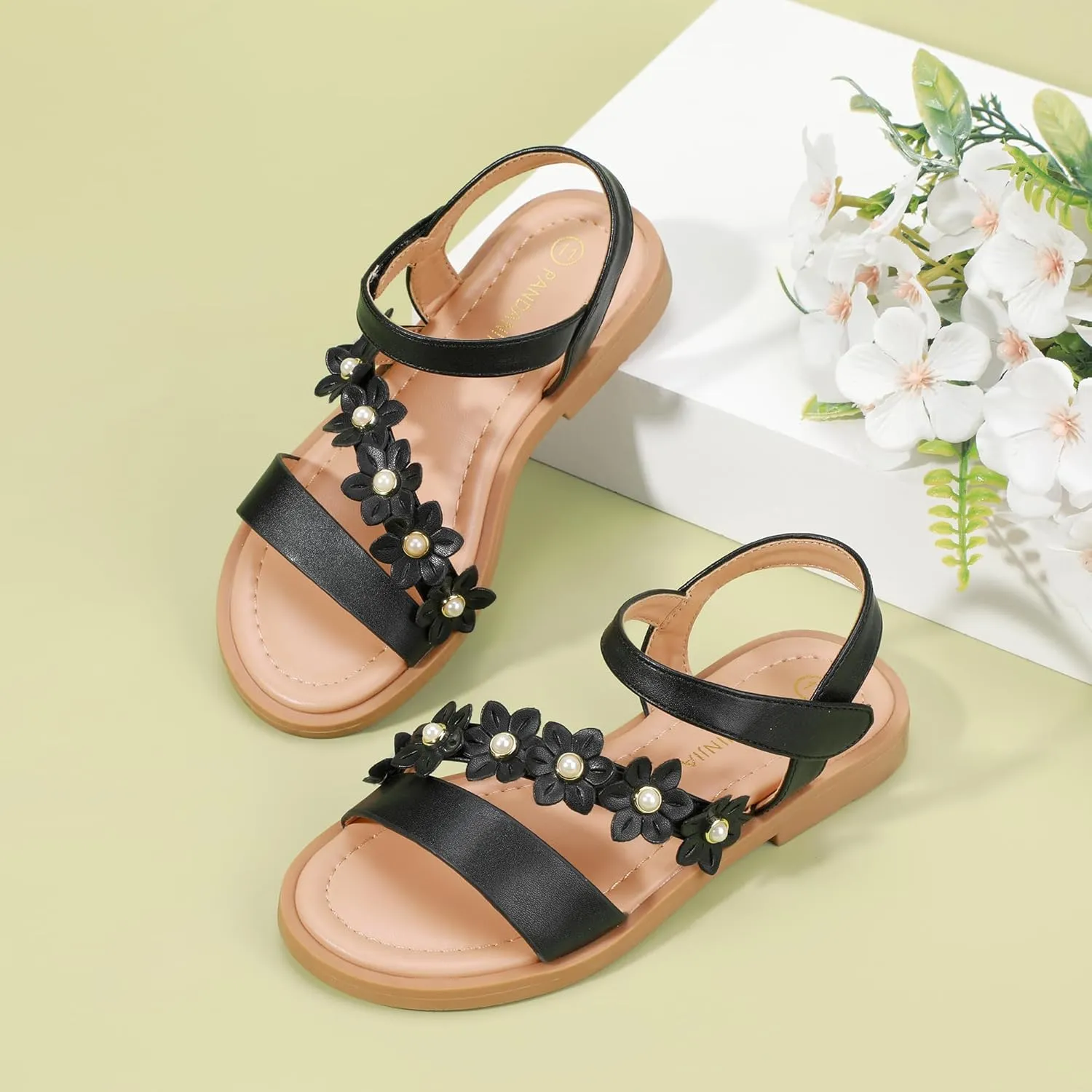 PANDANINJIA Gina Girls Sandals Open Toe Summer Flats Dress Sandals Shoes Toddler/Little Kid/Big Kid