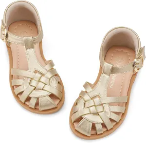 PANDANINJIA Toddler Girls Sandals Closed-Toe T-Strap Kids Flower Summer Flats Dress Sandals Shoes