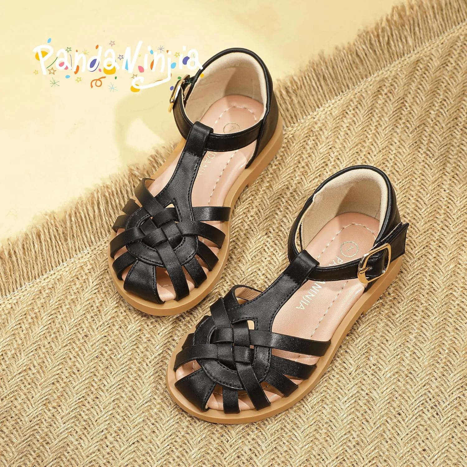 PANDANINJIA Toddler Girls Sandals Closed-Toe T-Strap Kids Flower Summer Flats Dress Sandals Shoes