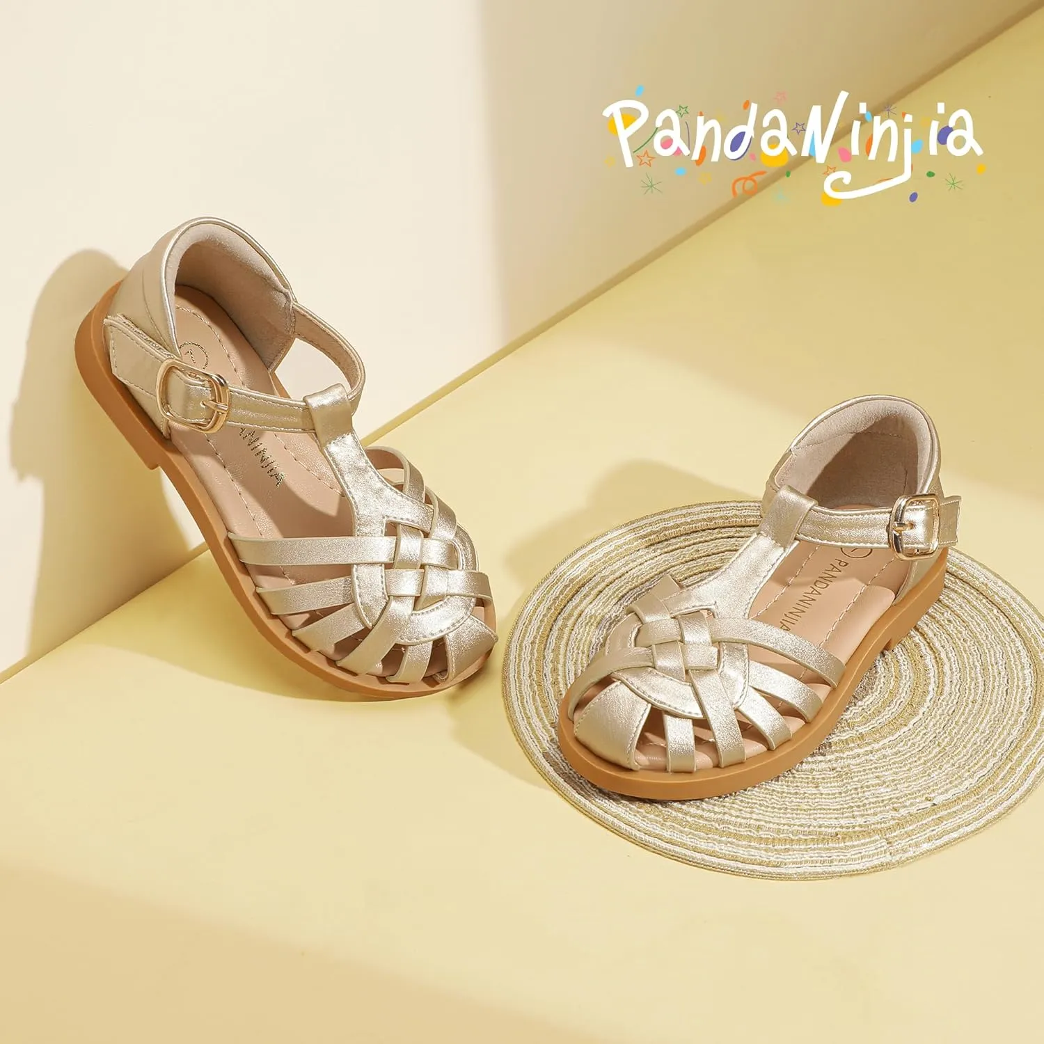 PANDANINJIA Toddler Girls Sandals Closed-Toe T-Strap Kids Flower Summer Flats Dress Sandals Shoes