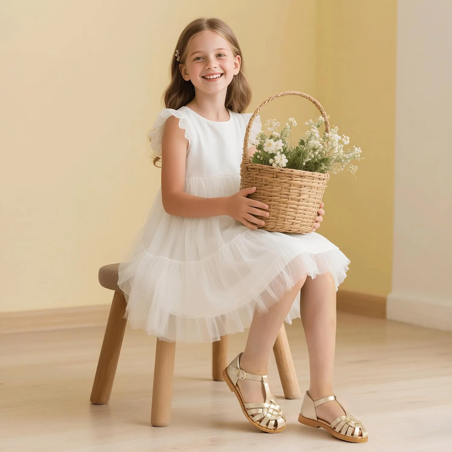 PANDANINJIA Toddler Girls Sandals Closed-Toe T-Strap Kids Flower Summer Flats Dress Sandals Shoes
