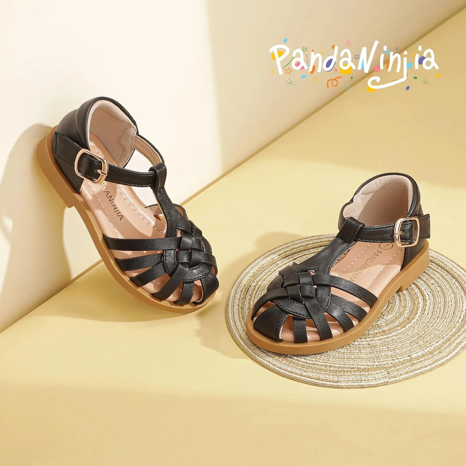 PANDANINJIA Toddler Girls Sandals Closed-Toe T-Strap Kids Flower Summer Flats Dress Sandals Shoes