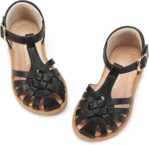 PANDANINJIA Toddler Girls Sandals Closed-Toe T-Strap Kids Flower Summer Flats Dress Sandals Shoes