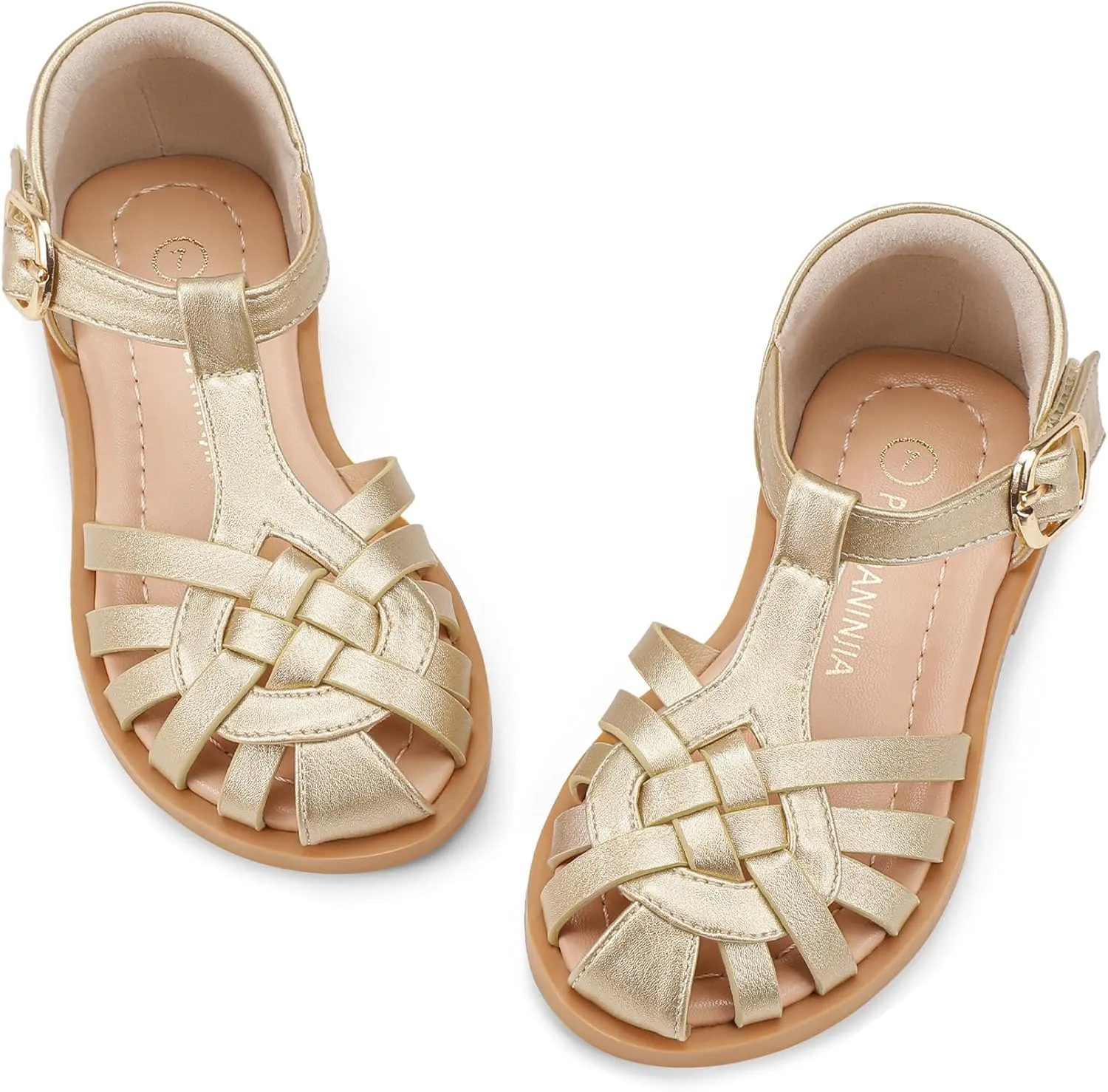 PANDANINJIA Toddler Girls Sandals Closed-Toe T-Strap Kids Flower Summer Flats Dress Sandals Shoes