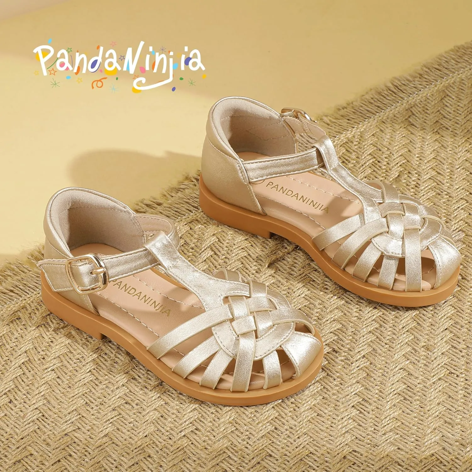 PANDANINJIA Toddler Girls Sandals Closed-Toe T-Strap Kids Flower Summer Flats Dress Sandals Shoes