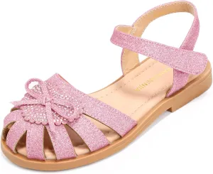 PANDANINJIA Vicky Girls Sandals Toddler/Little Kid Closed-Toe T Strap Flats Dress Sandals Summer Shoes