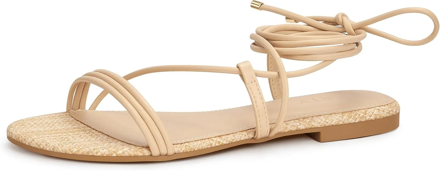 PARTY Women's Strappy Sandals Lace Up Flats Tie Up Open Toe Ankle Strap Shoes