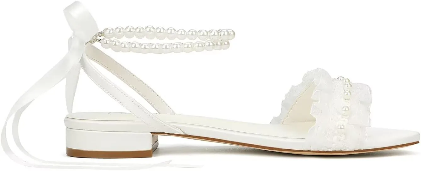 Pearl Wedding Flats for Bride Open Toe Bridal Sandals Flat Wedding Shoes for Bride