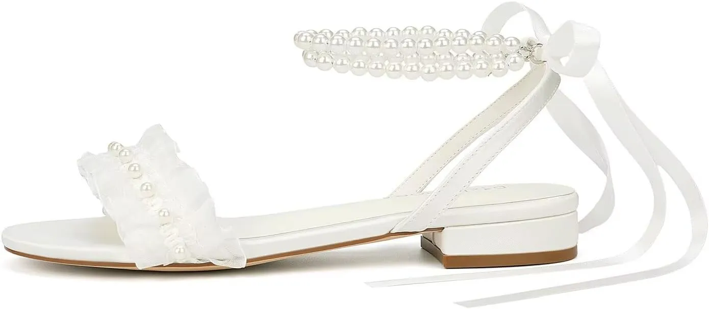 Pearl Wedding Flats for Bride Open Toe Bridal Sandals Flat Wedding Shoes for Bride