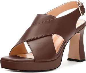 Platform Sandals, Buckle Slingback High Heels for Women, Square Open Toe Fashion Solid Block Heeled Sandal