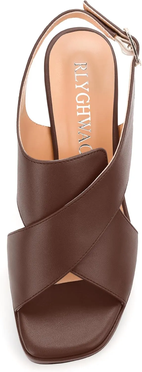 Platform Sandals, Buckle Slingback High Heels for Women, Square Open Toe Fashion Solid Block Heeled Sandal