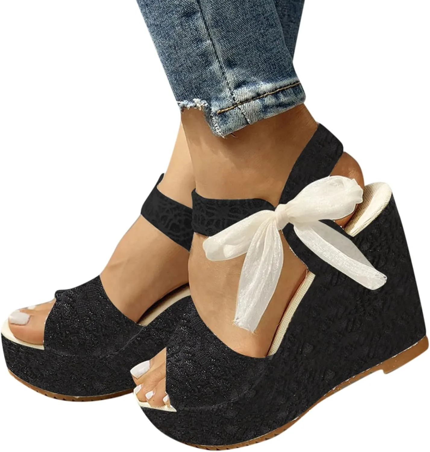 Platform Sandals for Women Ankle Buckle Flat Wedges Open Toe Slip On High Heel Sandal with Strap Bowknot Summer Shoes