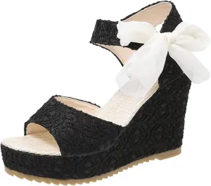 Platform Sandals for Women Ankle Buckle Flat Wedges Open Toe Slip On High Heel Sandal with Strap Bowknot Summer Shoes