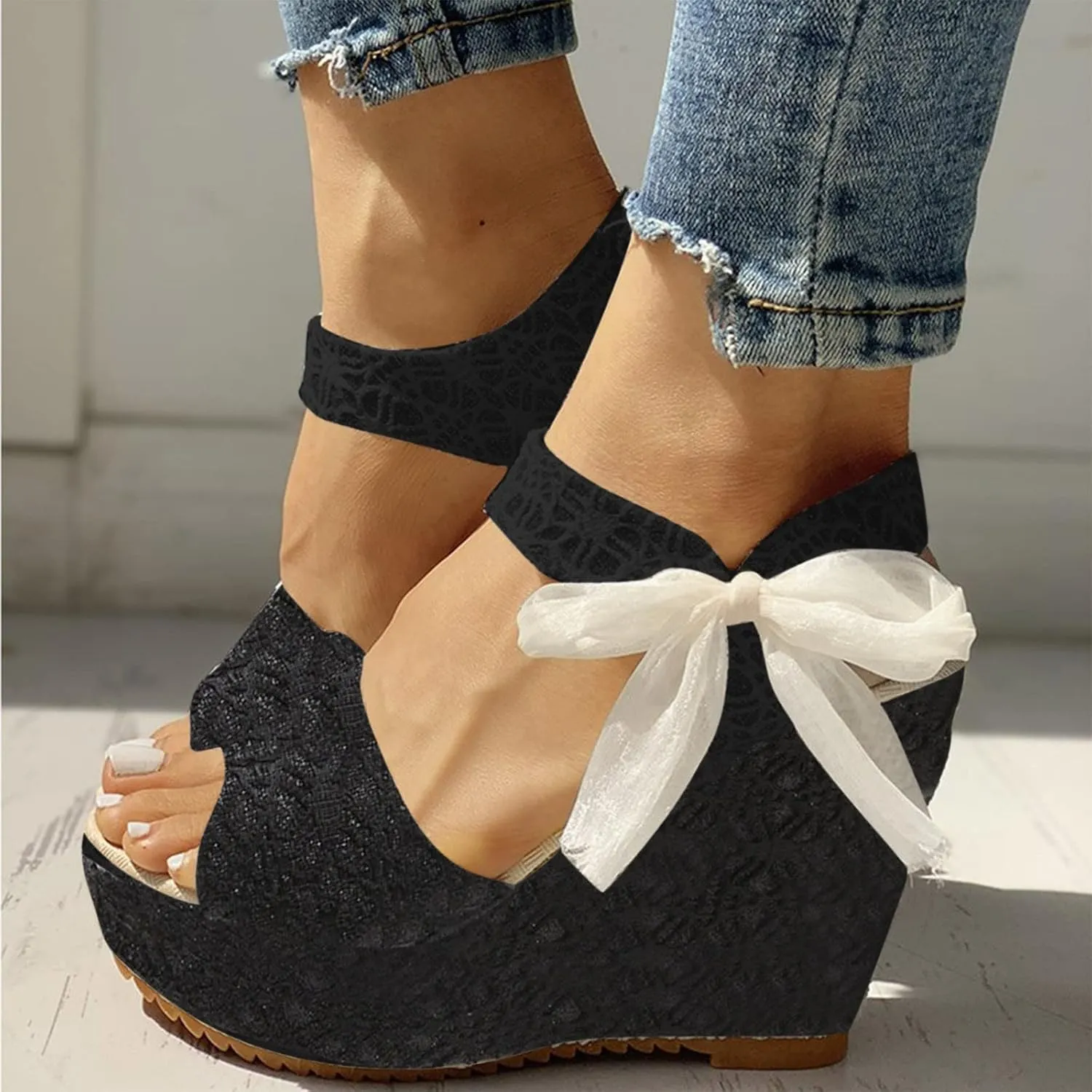 Platform Sandals for Women Ankle Buckle Flat Wedges Open Toe Slip On High Heel Sandal with Strap Bowknot Summer Shoes