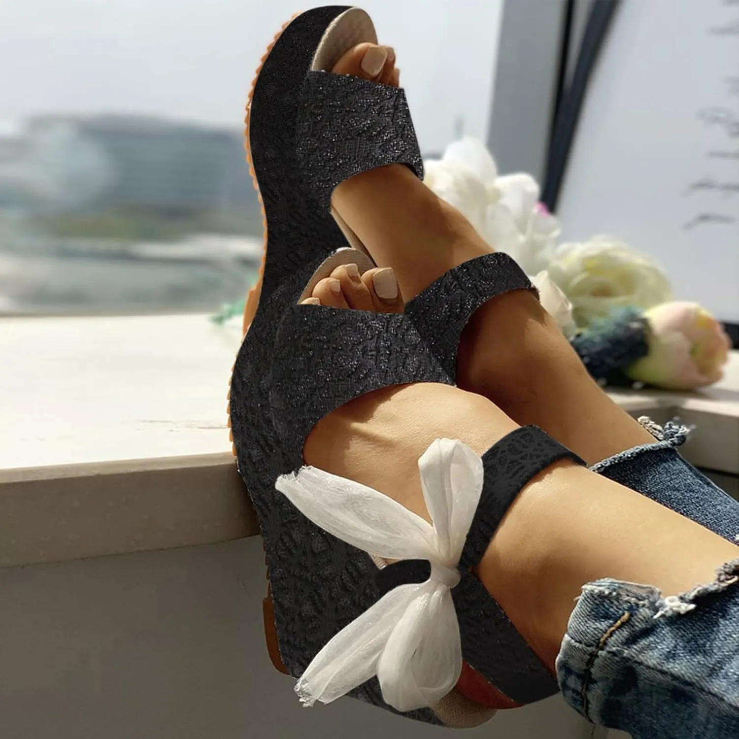 Platform Sandals for Women Ankle Buckle Flat Wedges Open Toe Slip On High Heel Sandal with Strap Bowknot Summer Shoes