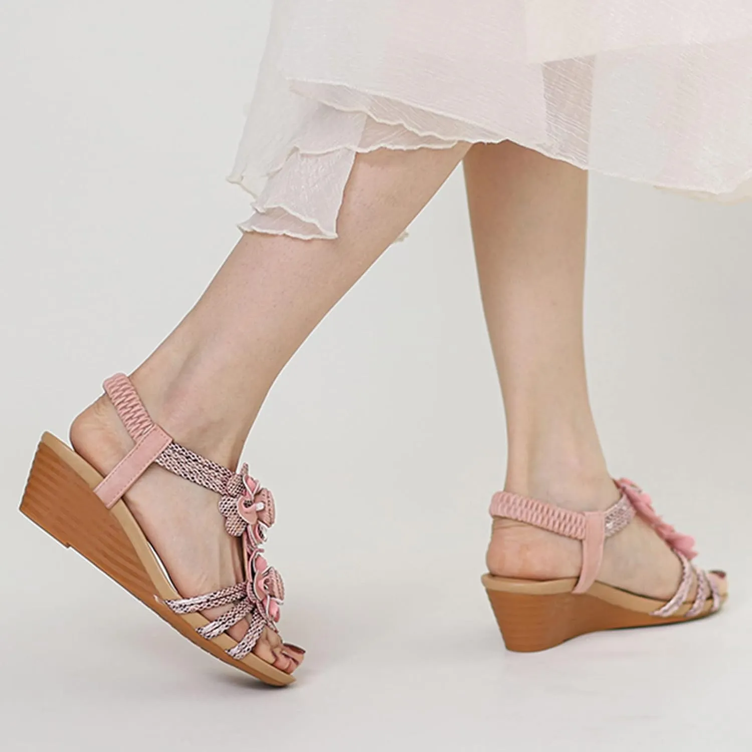Platform Sandals Women Wedge Cork Footbed Elastic Ankle Strap Casual Walking Sandals Non-Slip Sole Beachwear 2025 Spring and Summer Vacation