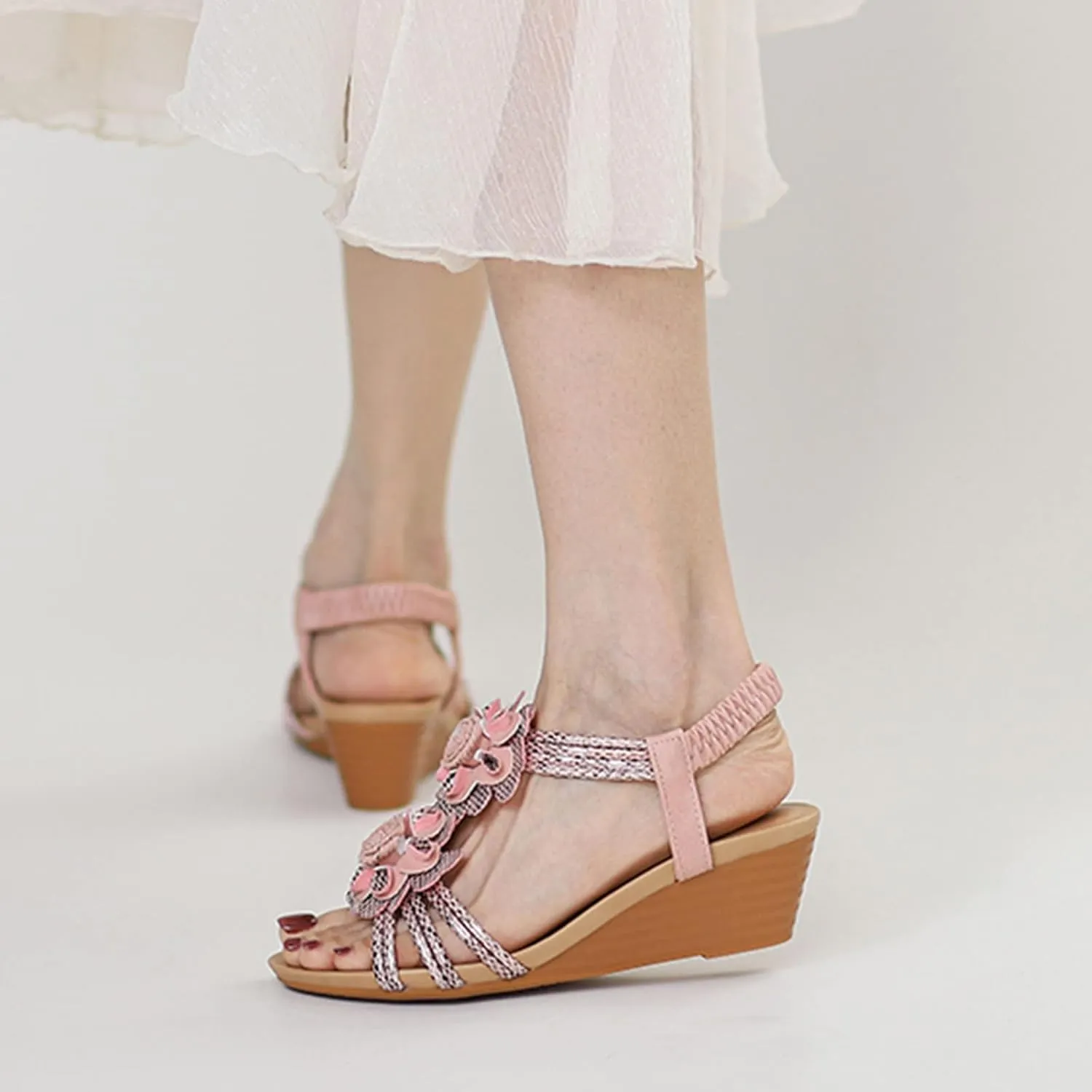 Platform Sandals Women Wedge Cork Footbed Elastic Ankle Strap Casual Walking Sandals Non-Slip Sole Beachwear 2025 Spring and Summer Vacation