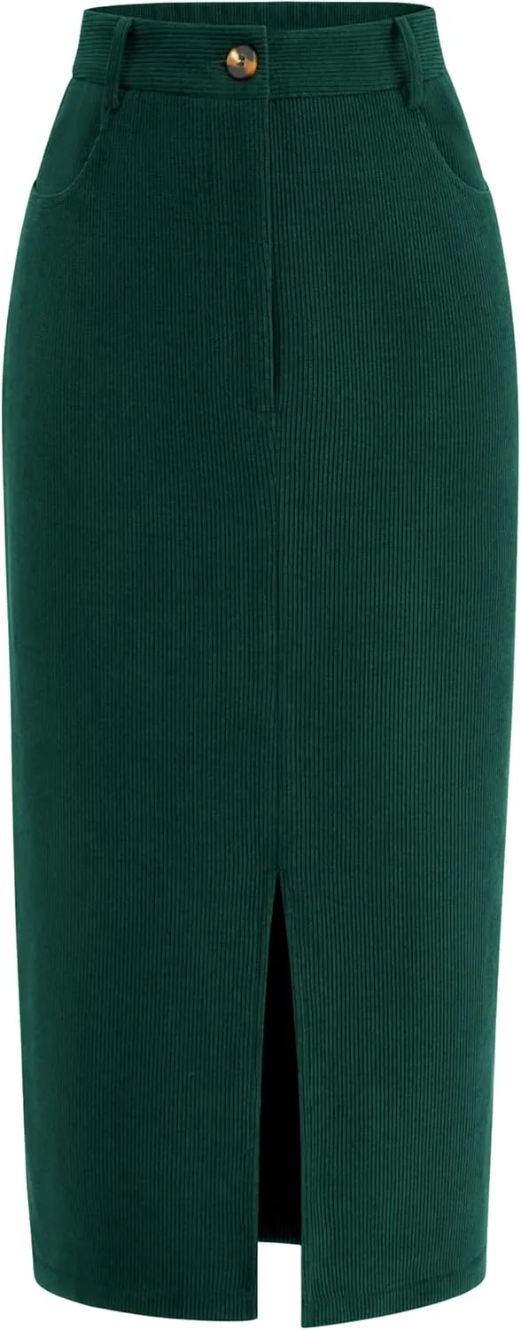 PRETTYGARDEN Women's Fall Midi Pencil Skirts Dressy Casual Work Office High Waisted Trendy Winter Corduroy Skirt with Slit