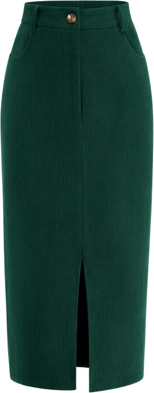 PRETTYGARDEN Women's Fall Midi Pencil Skirts Dressy Casual Work Office High Waisted Trendy Winter Corduroy Skirt with Slit
