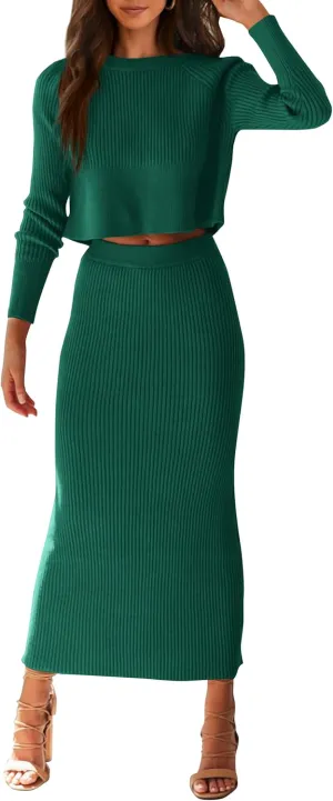 PRETTYGARDEN Women's Spring Fall 2 Piece Sweater Set Rib Knit Long Sleeve Crop Top Maxi Bodycon Skirt Casual Winter Outfits